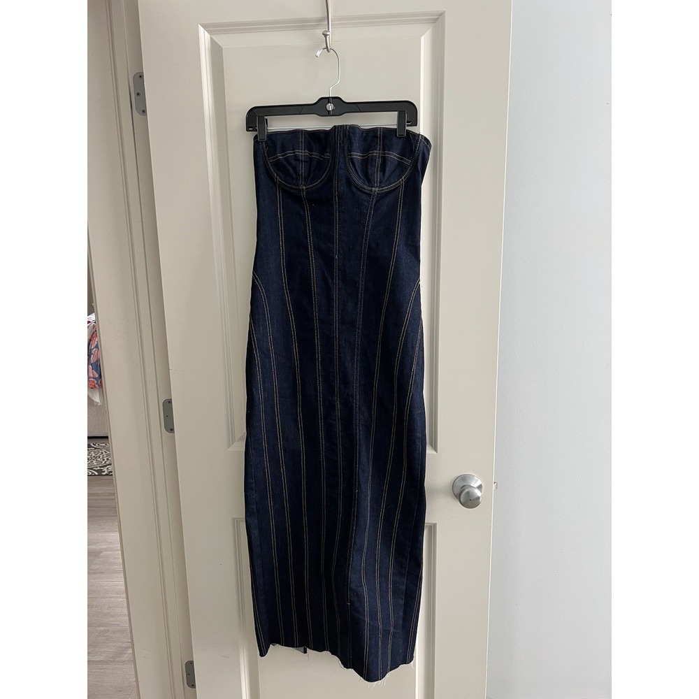 Zara Long Dark Blue Denim Bustier ZW Bodycon Corset Dress Topstitched Size L - Picture 7 of 15